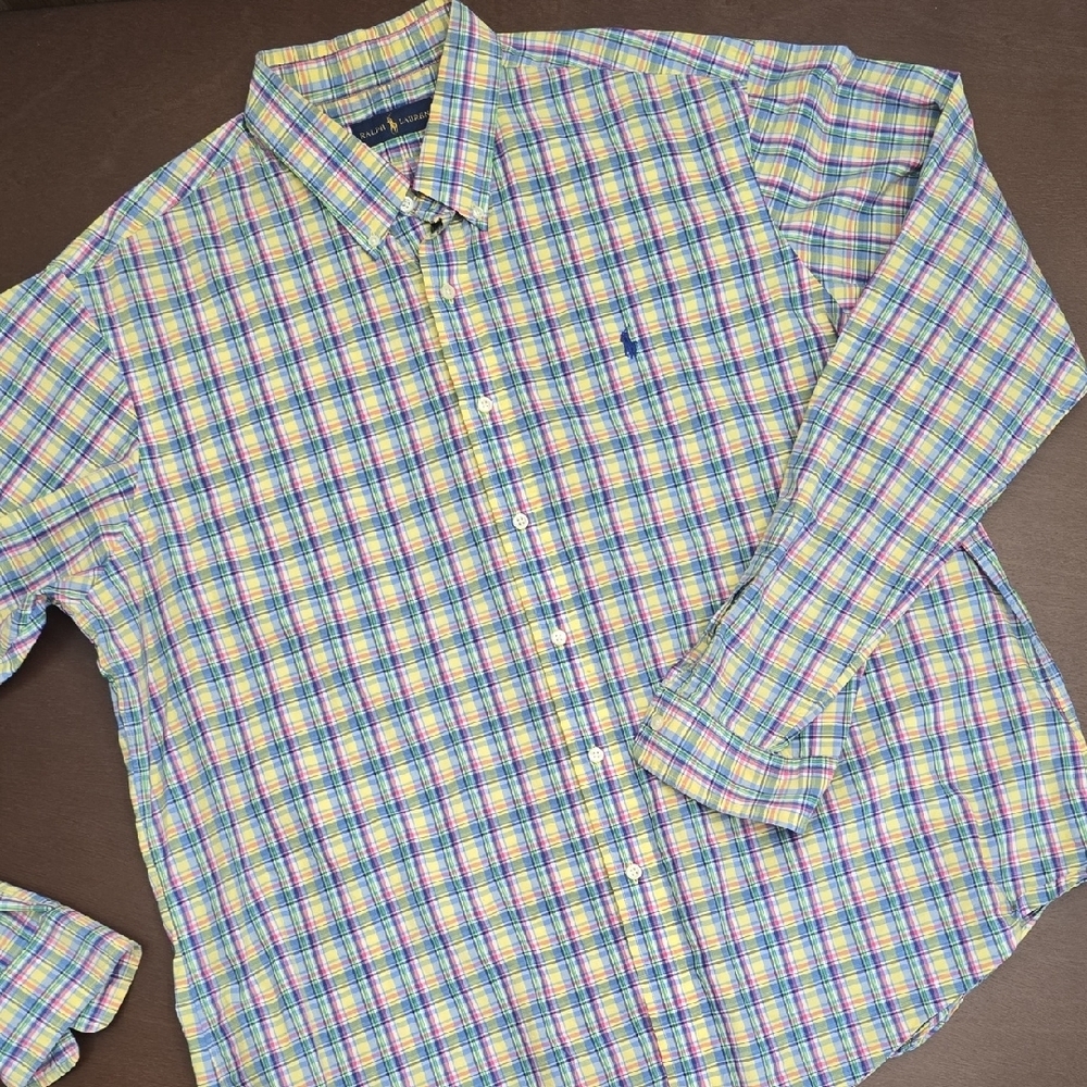 PALPH LAUREN Men's XXL Blue Yellow Pink Plaid Shirt 100% Cotton